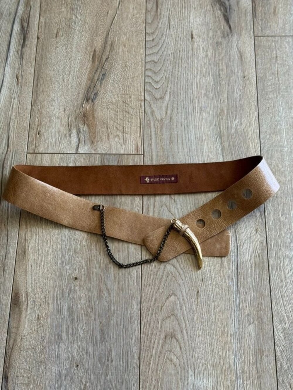 Rare PADE VAVRA Brown Leather Gold Cast Antler Chain Closure Crossover Hip Belt